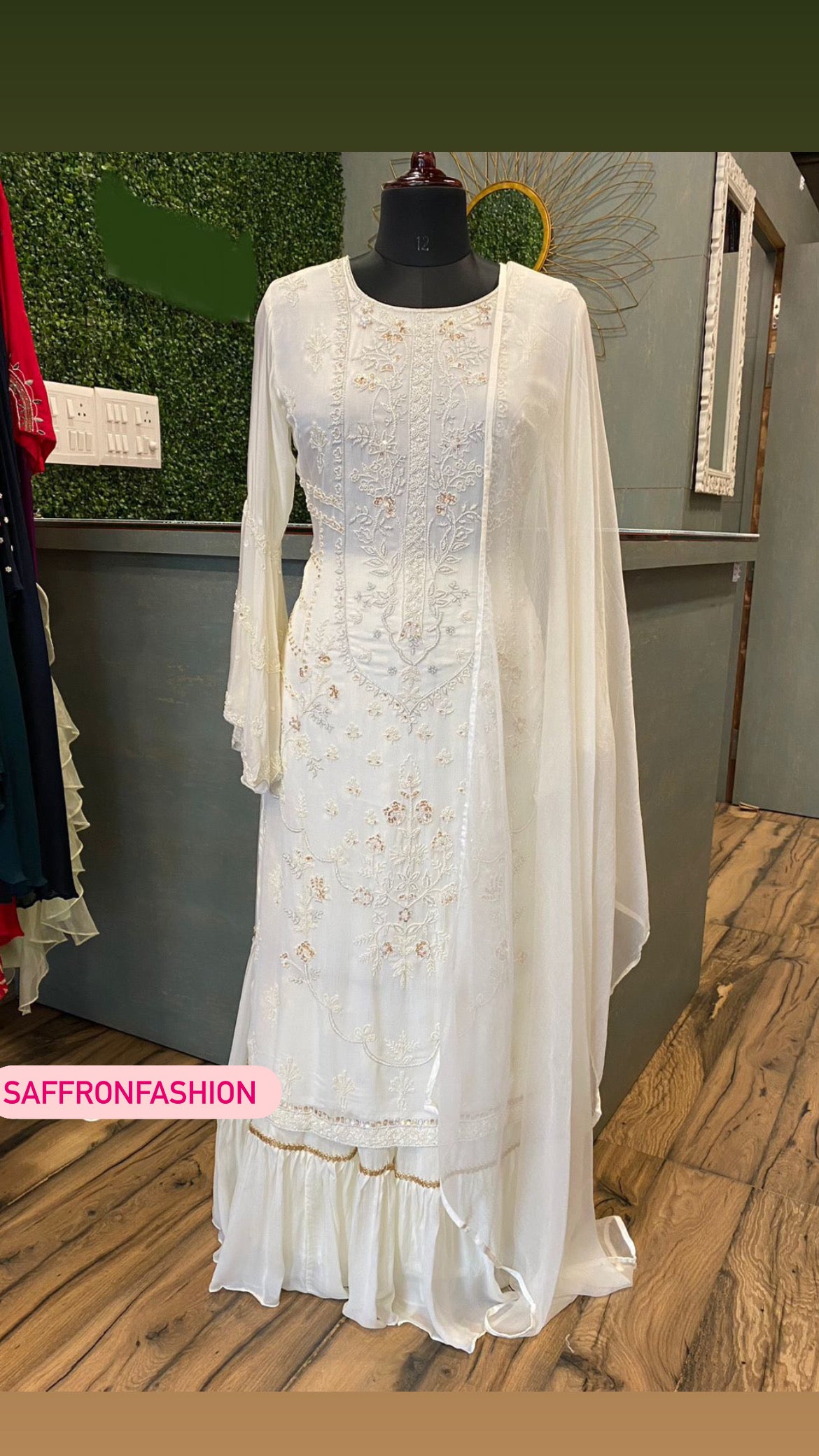 White embroidered chinon dress - Saffronfashionindia