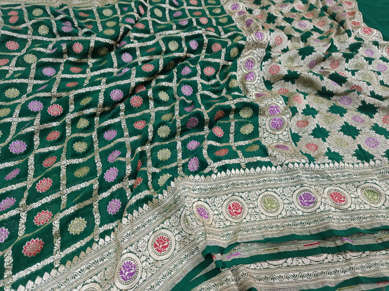 Khaddi banarsi chiffon saree/sari/gorgette saree - Saffronfashionindia