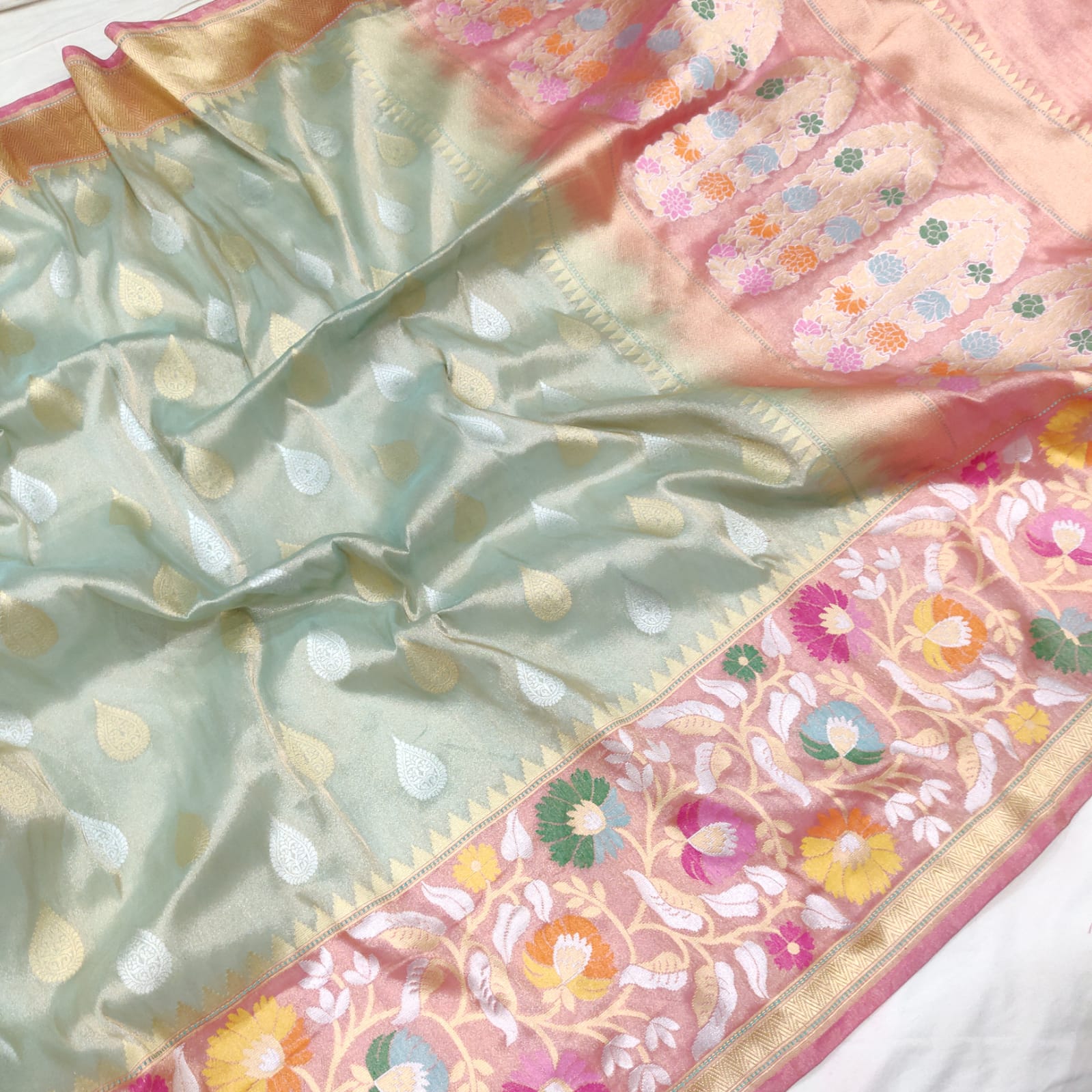 Tissue handwoven Katan saree - Saffronfashionindia
