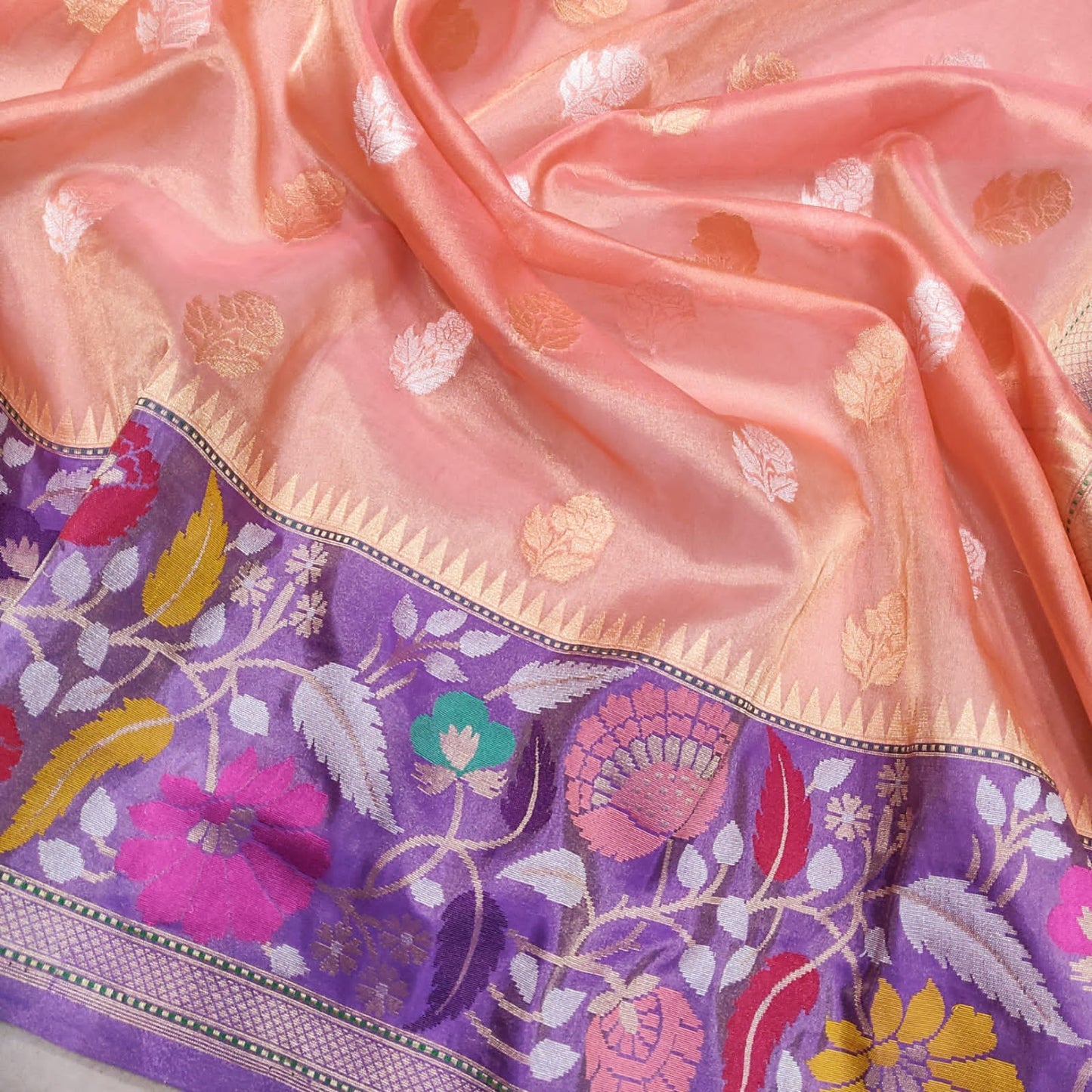 Peachy tissue handwoven Meenakari sari - Saffronfashionindia