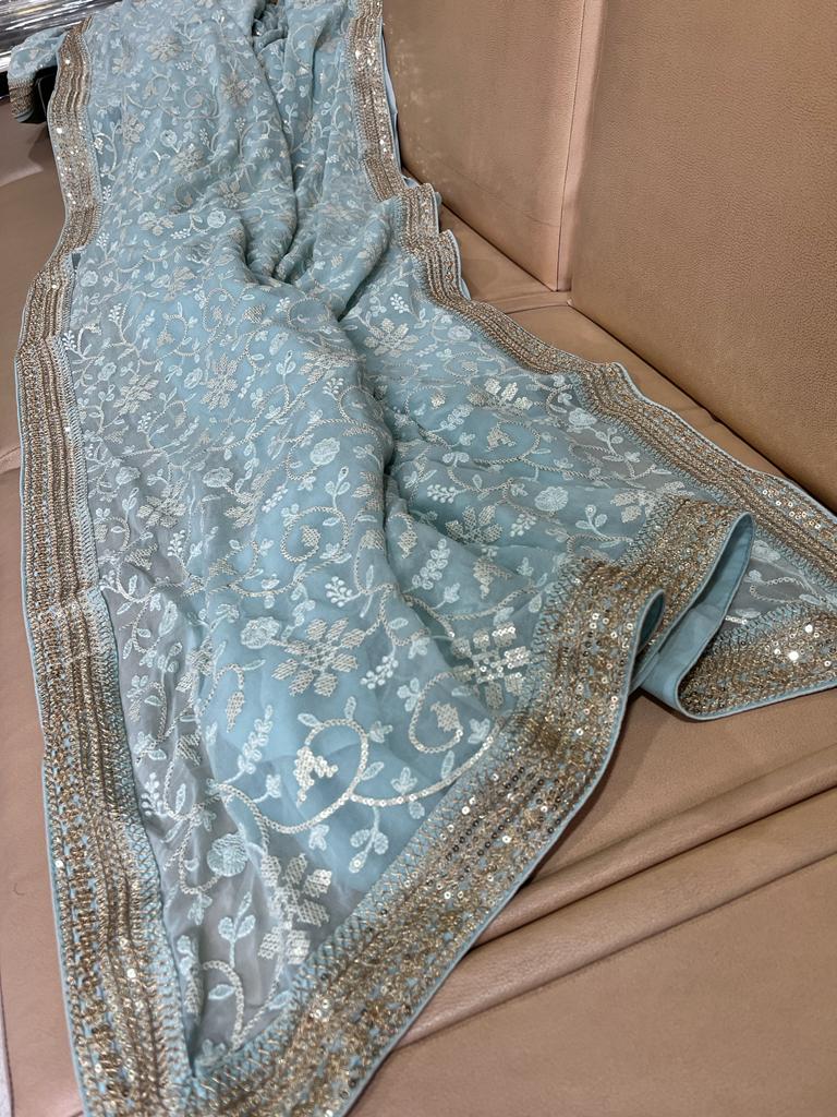 Nimil Chikankari gorgette saree - Saffronfashionindia
