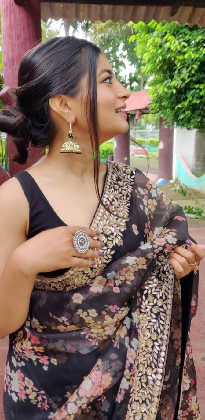 Floral organza saree party wear sarees blouse - Saffronfashionindia