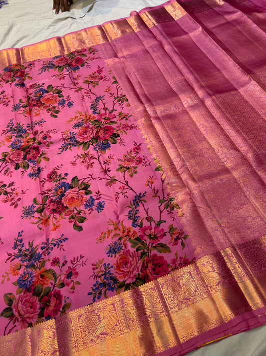 Pink floral saree - Saffronfashionindia