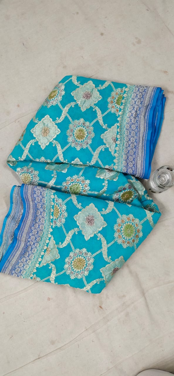Water zari Meenakari khaddi gorgette saree - Saffronfashionindia