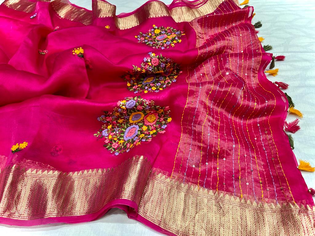 Kanchi organza Frenchknot saree - Saffronfashionindia