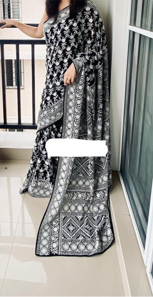 Black Chikankari saree - Saffronfashionindia