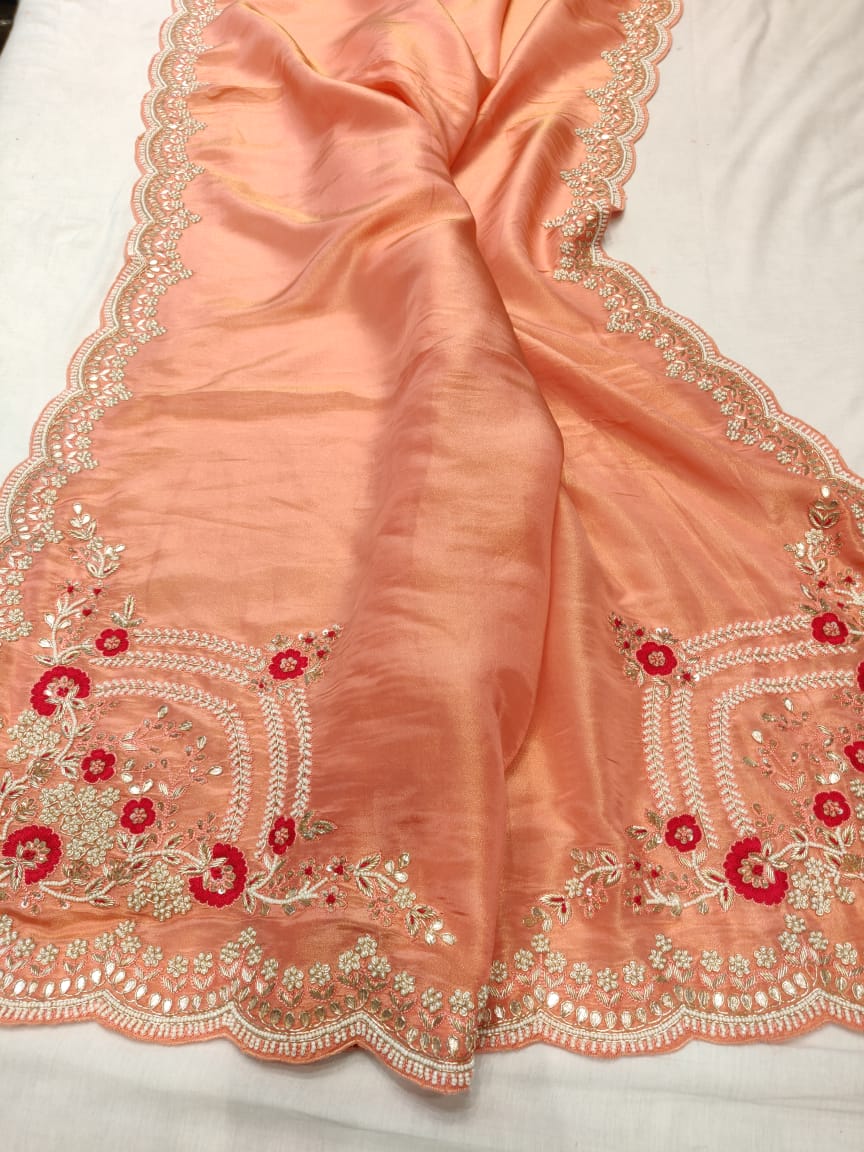Peachy peach gorgette saree - Saffronfashionindia