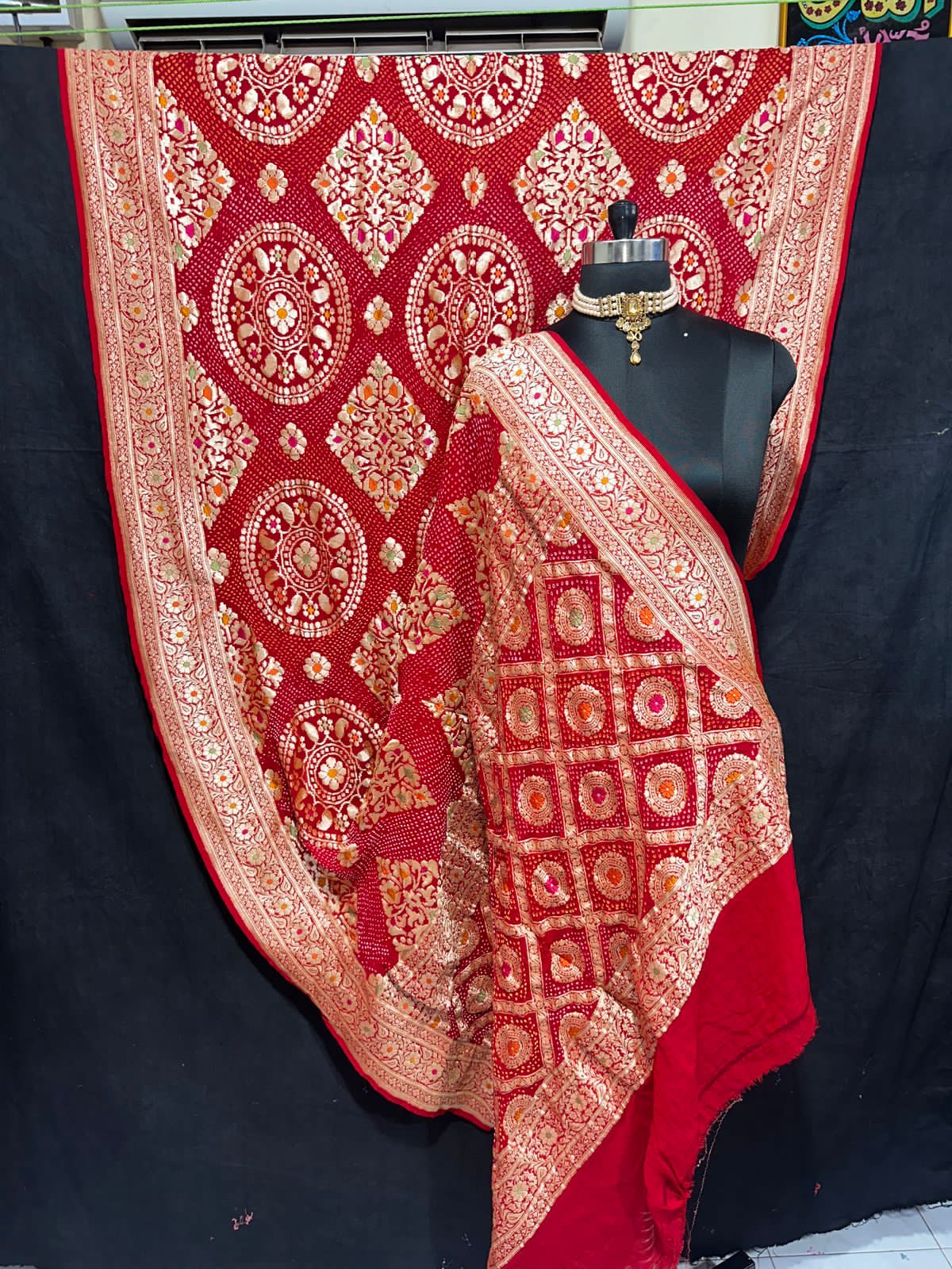 Heeraben Meenakari bandhani gorgette saree - Saffronfashionindia