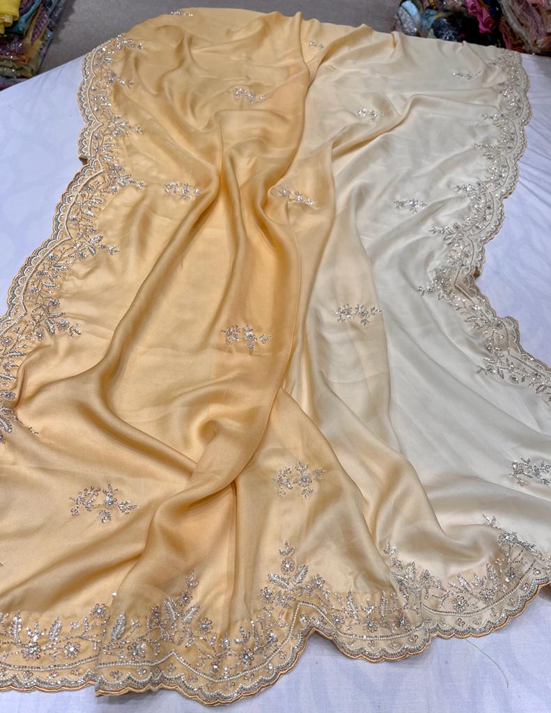 Satin shaded zardosi partywear saree - Saffronfashionindia