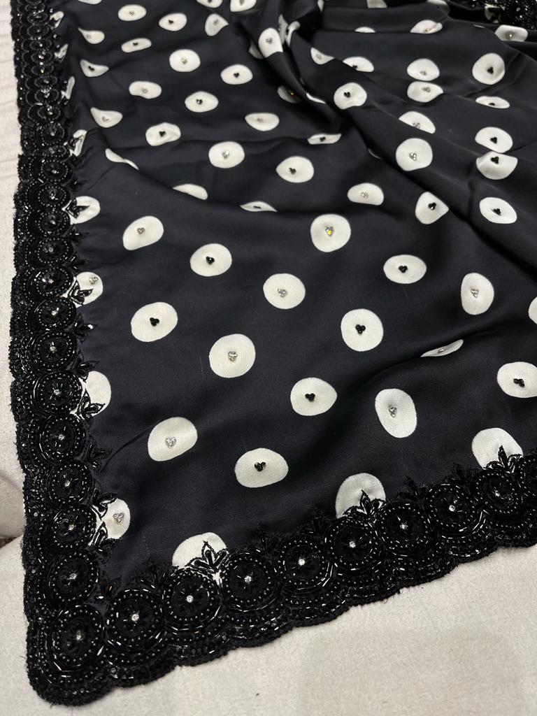 Black satin polka dot saree - Saffronfashionindia