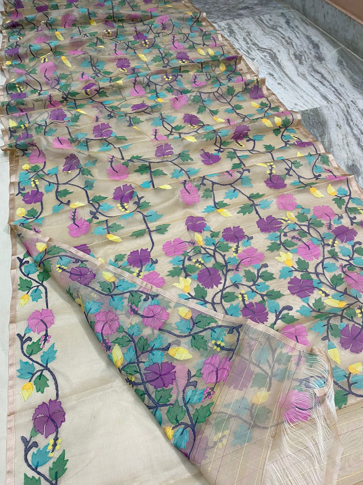 Rubina muslin jamdani saree - Saffronfashionindia