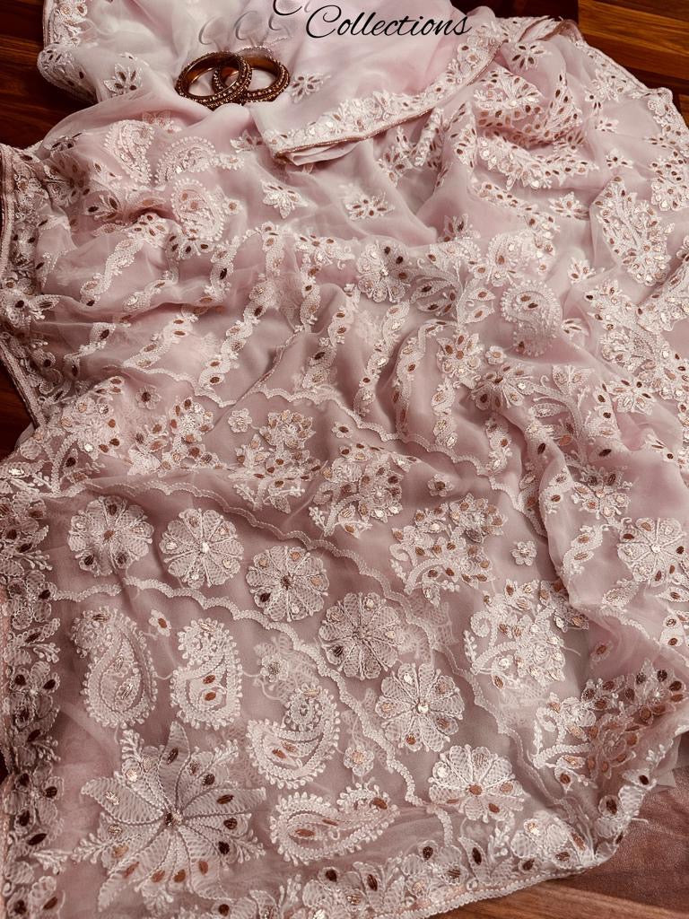Varnia baby pink Chikankari saree - Saffronfashionindia
