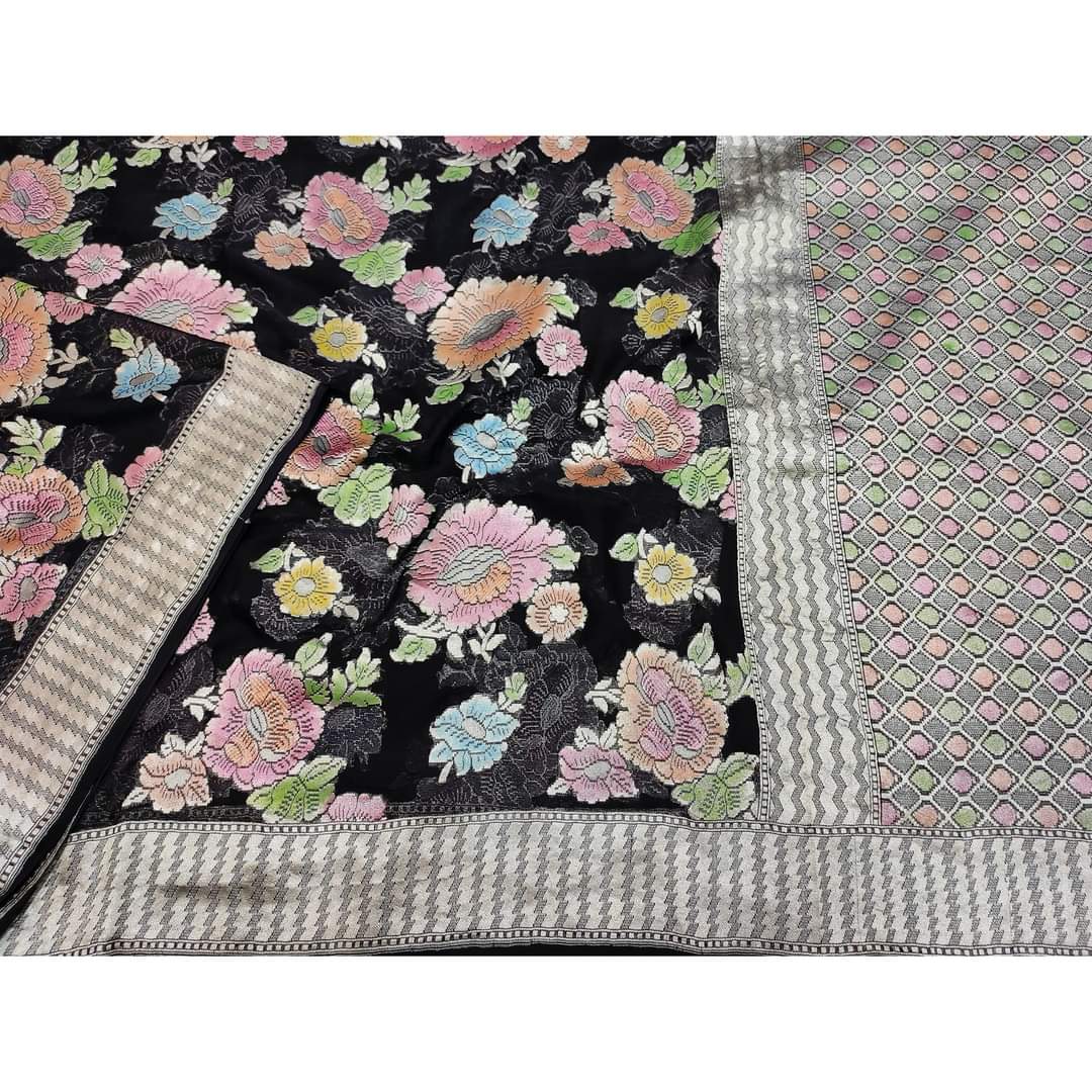 Black chiffon gorgette saree - Saffronfashionindia