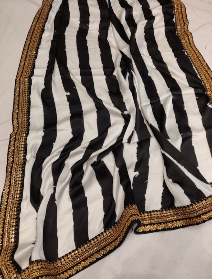 Striped satin saree - Saffronfashionindia