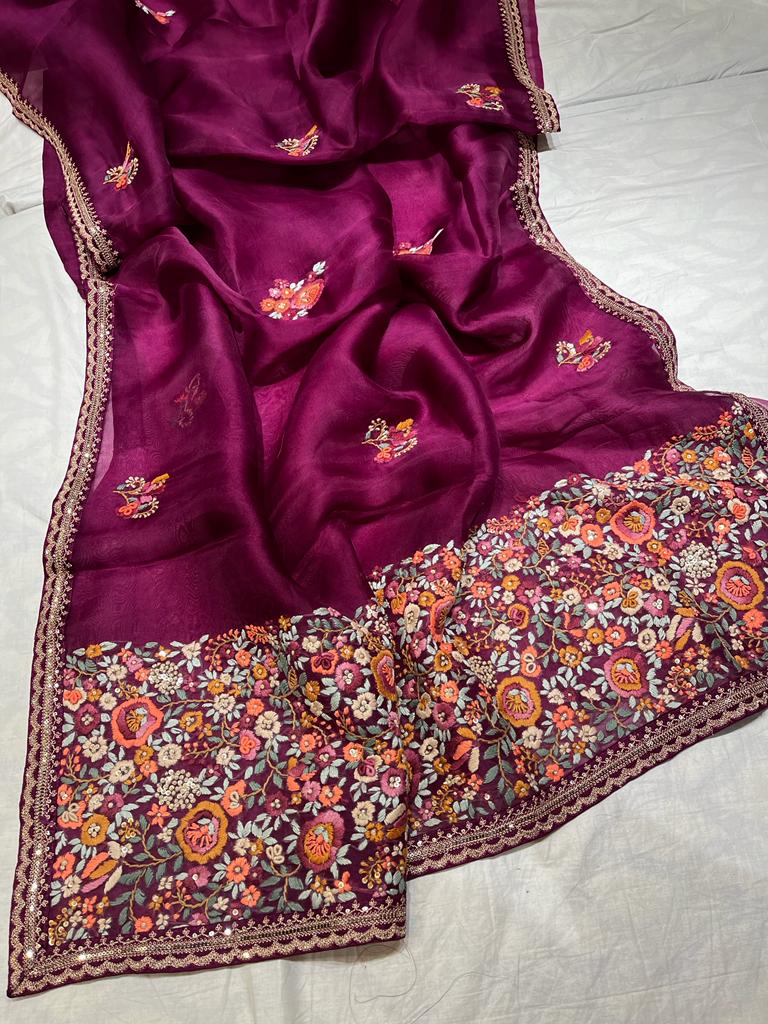 Blossom embroidery saree - Saffronfashionindia