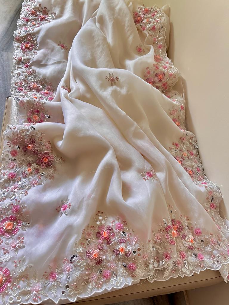 Shamsha organza embroidery saree - Saffronfashionindia