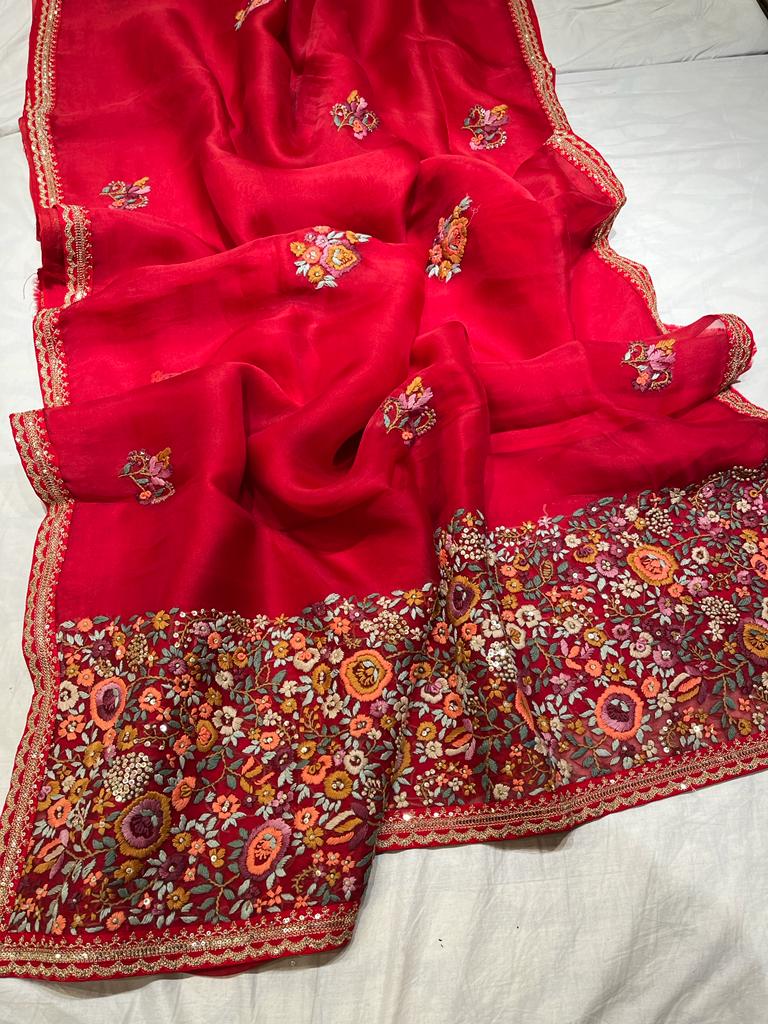 Blossom embroidery saree - Saffronfashionindia