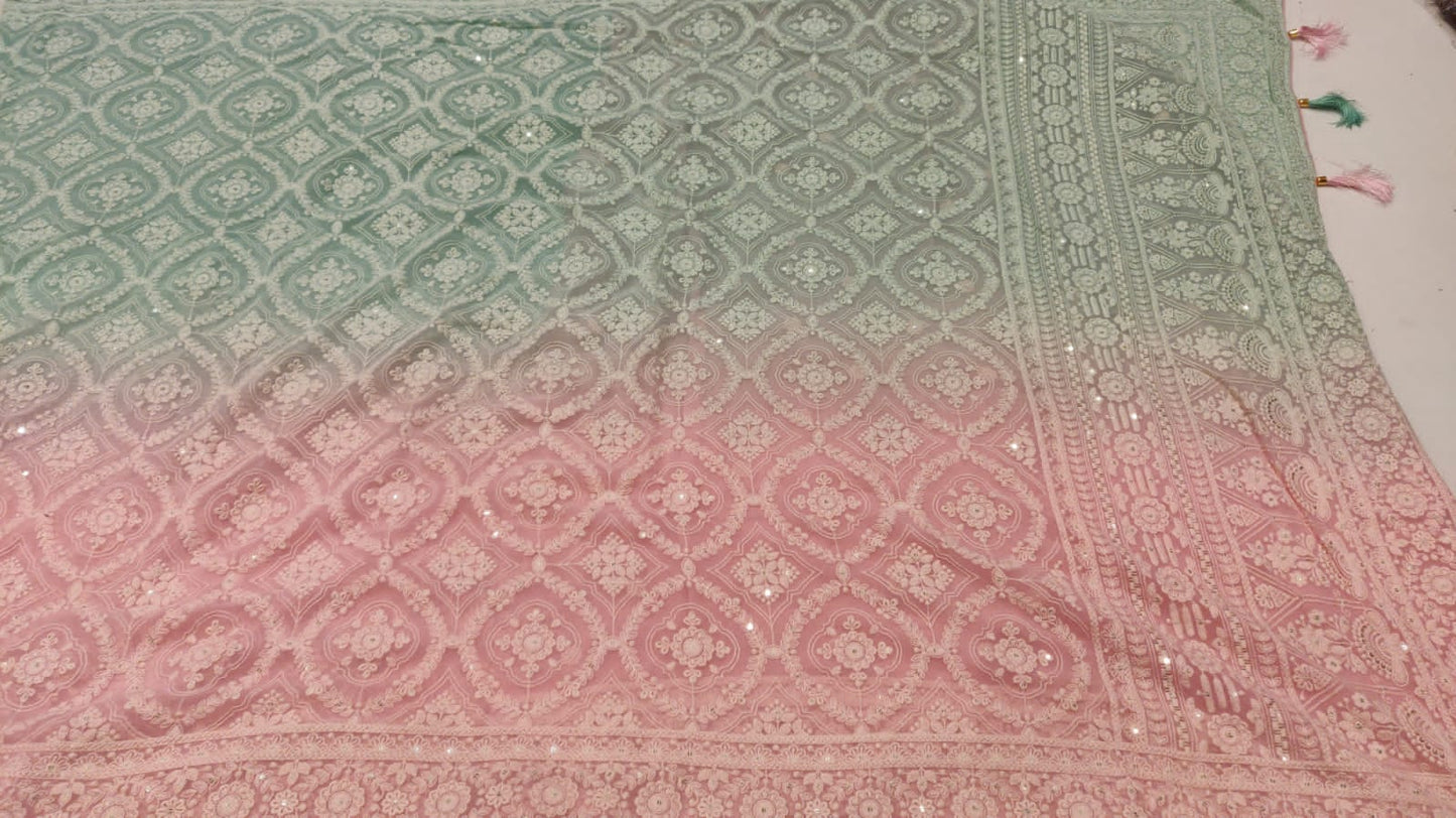 Shaded Chikankari saree/gorgette saree - Saffronfashionindia