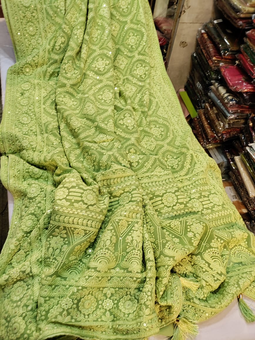 Alma Chikankari gorgette saree - Saffronfashionindia