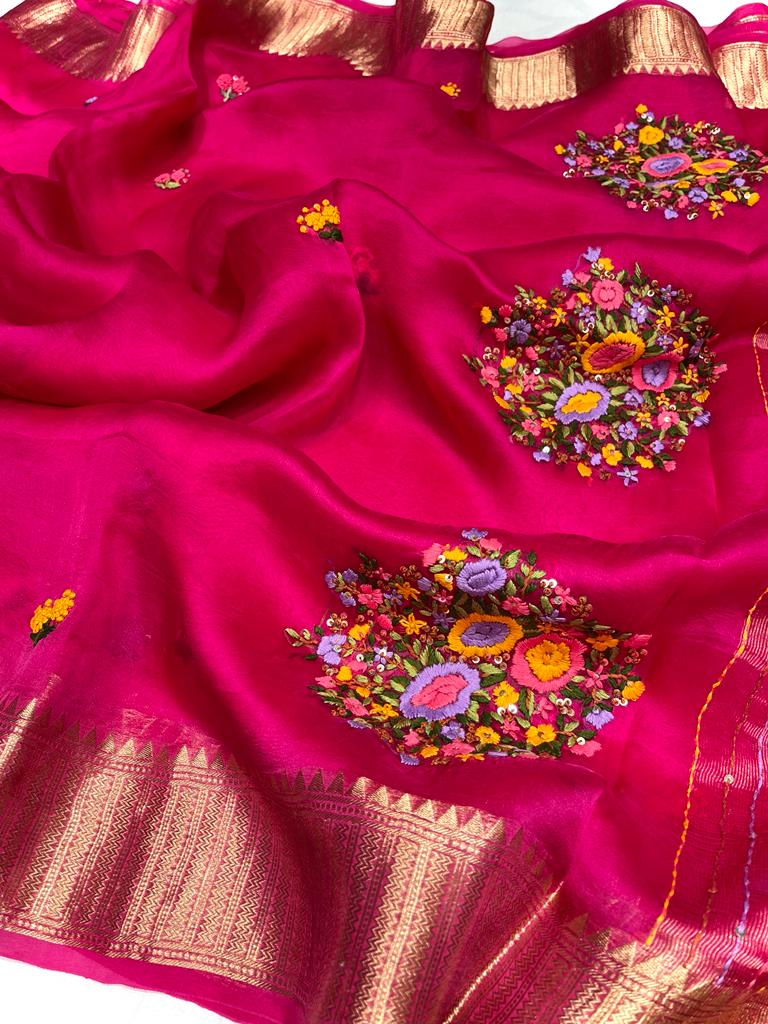 Kanchi organza Frenchknot saree - Saffronfashionindia