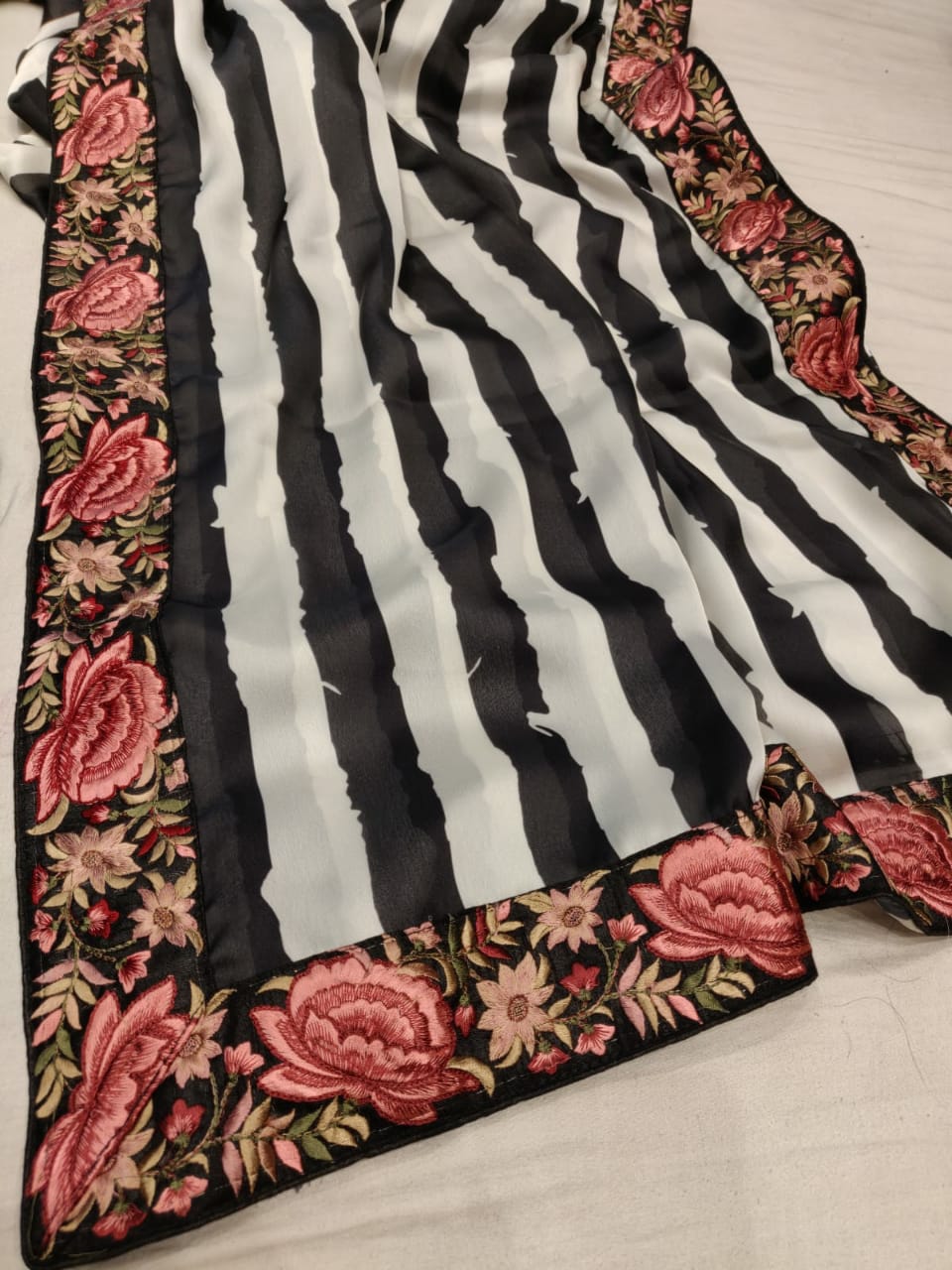 Striped satin floral saree - Saffronfashionindia