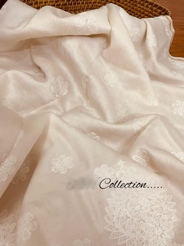 Handwoven Lucknowi Chanderi saree - Saffronfashionindia