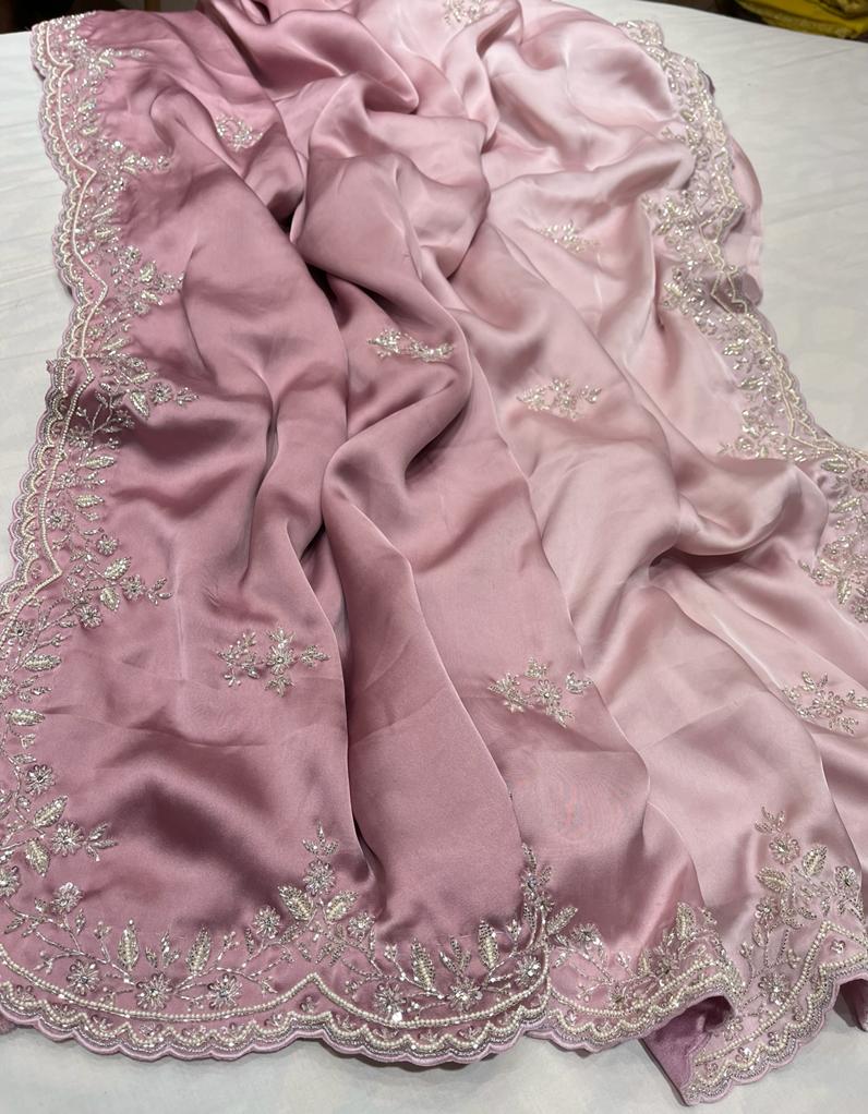 Satin shaded zardosi partywear saree - Saffronfashionindia