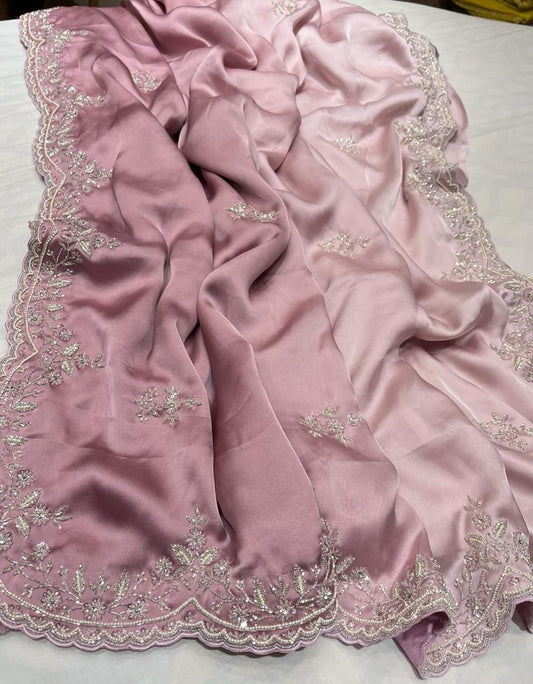 Satin shaded zardosi partywear saree - Saffronfashionindia