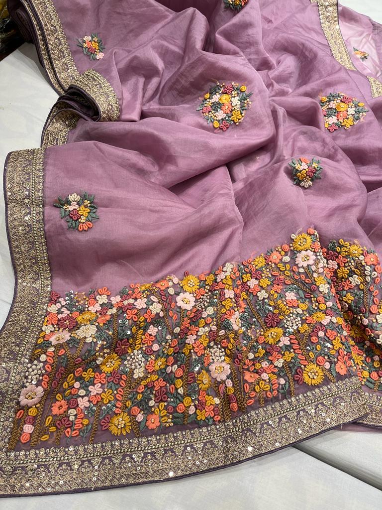 Benzie organza French knot saree - Saffronfashionindia