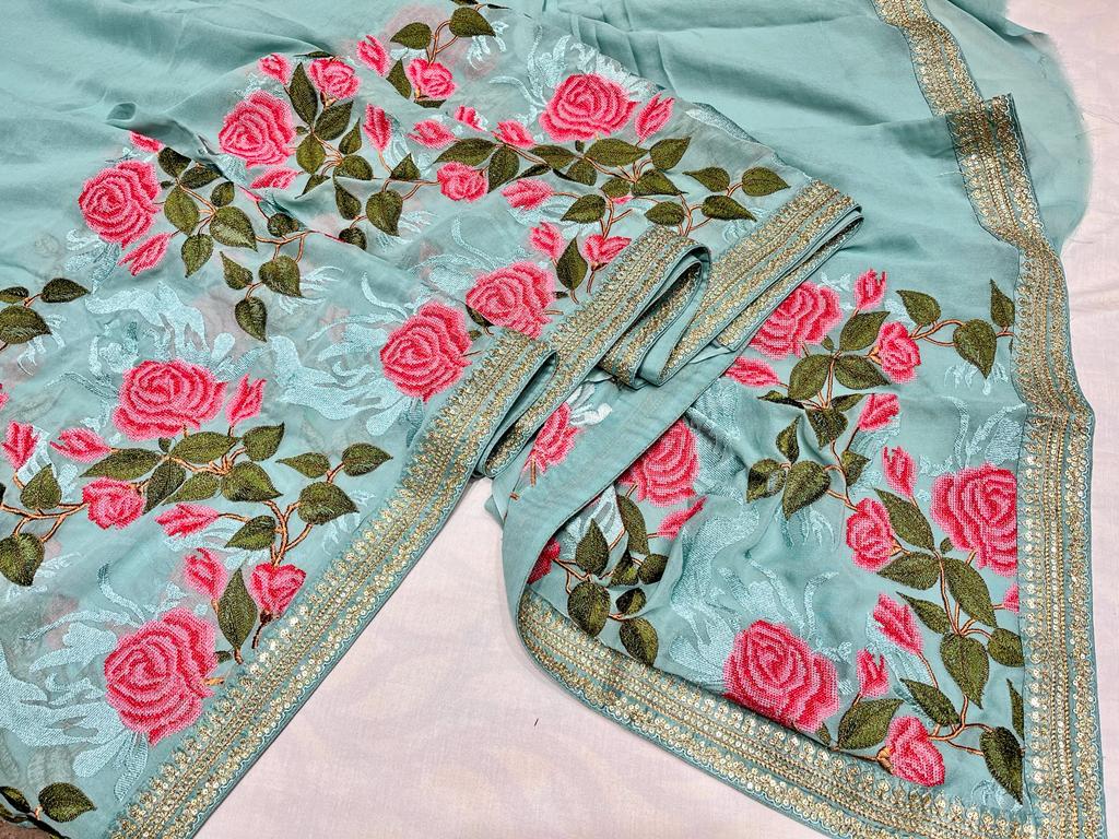 Embroidered floral saree,,,,beautiful sari - Saffronfashionindia