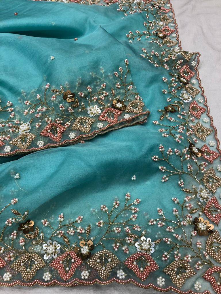 Organza Pearl saree - Saffronfashionindia