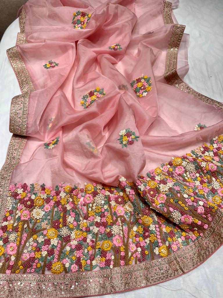 Unique organza embroidery saree - Saffronfashionindia
