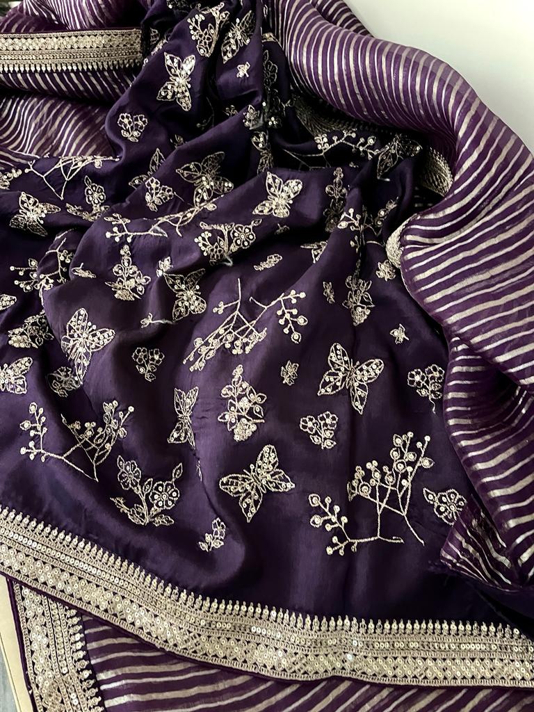 Blosom organza striped saree - Saffronfashionindia
