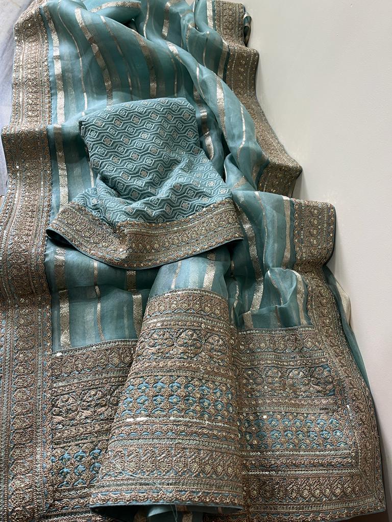 Kora striping sequins saree - Saffronfashionindia