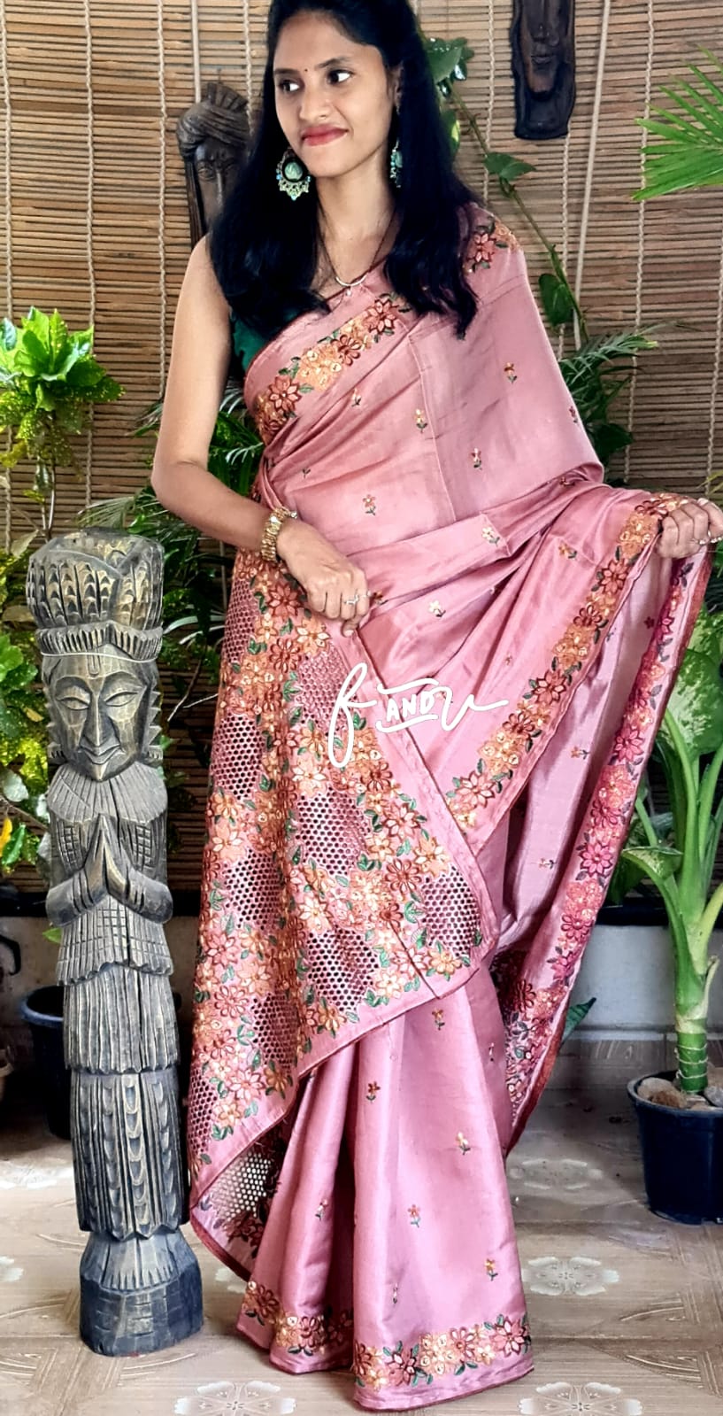 Floral soft tussar silk saree - Saffronfashionindia