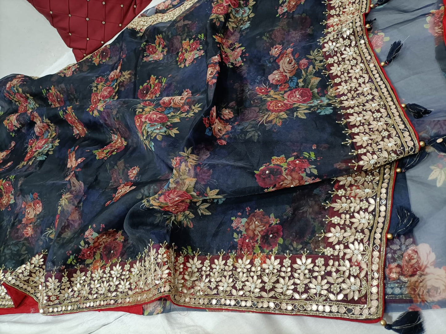 Gottapatti floral organza saree - Saffronfashionindia