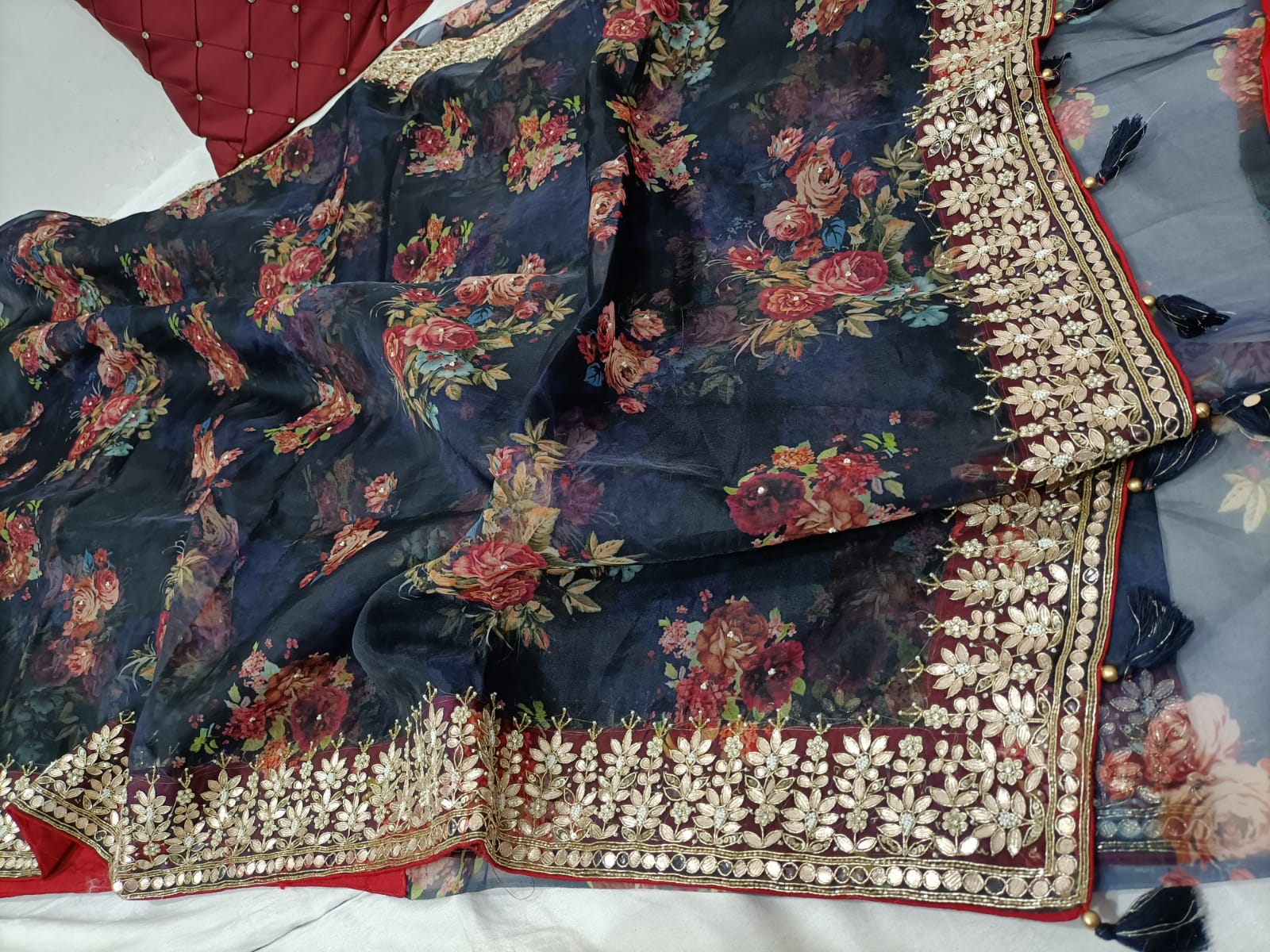 Gottapatti floral organza saree - Saffronfashionindia