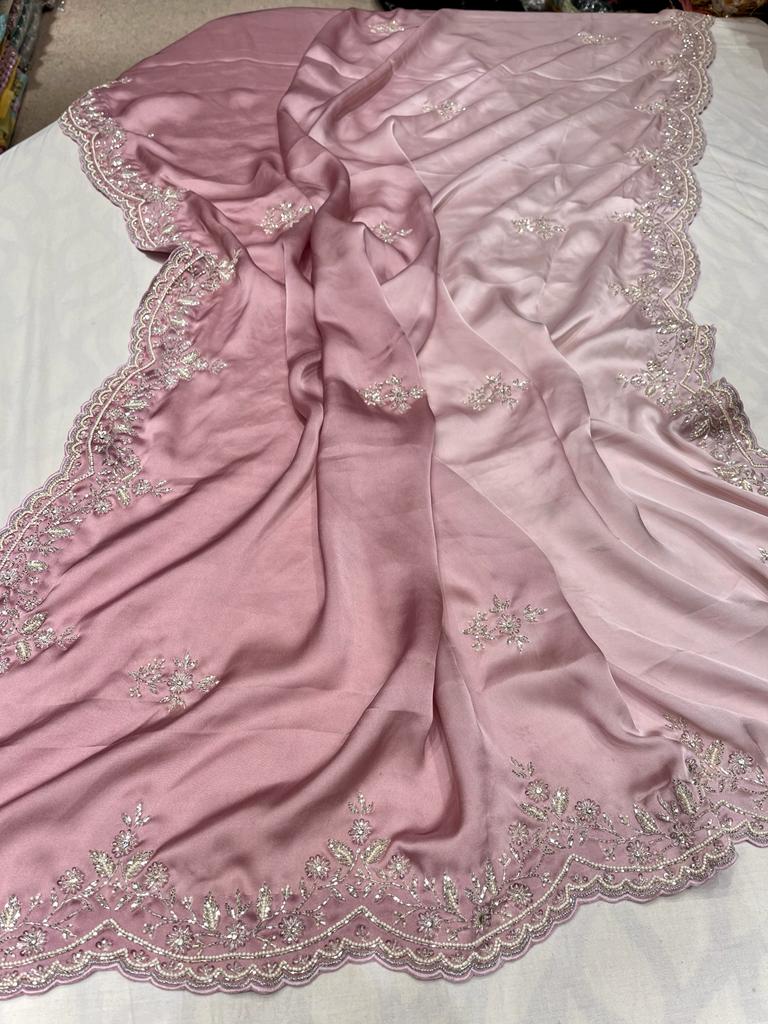 Satin shaded zardosi partywear saree - Saffronfashionindia