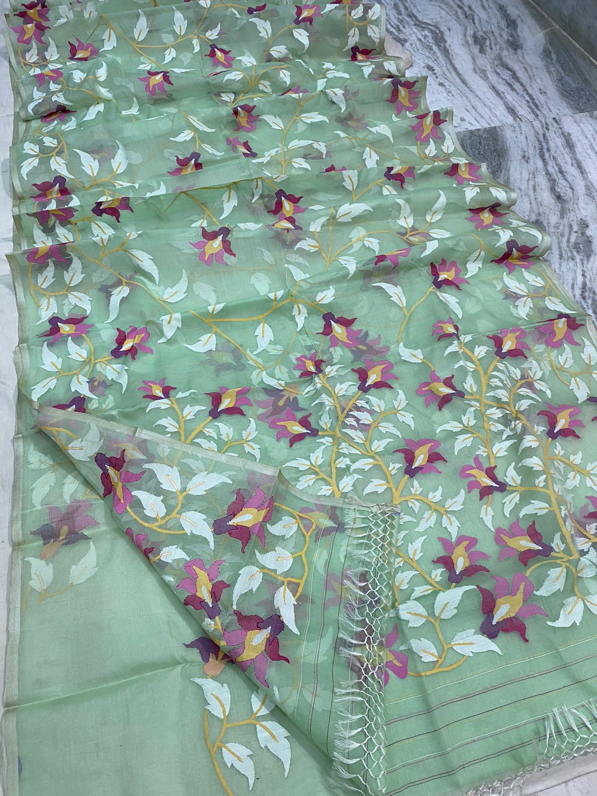 Mint muslin jamdani saree - Saffronfashionindia