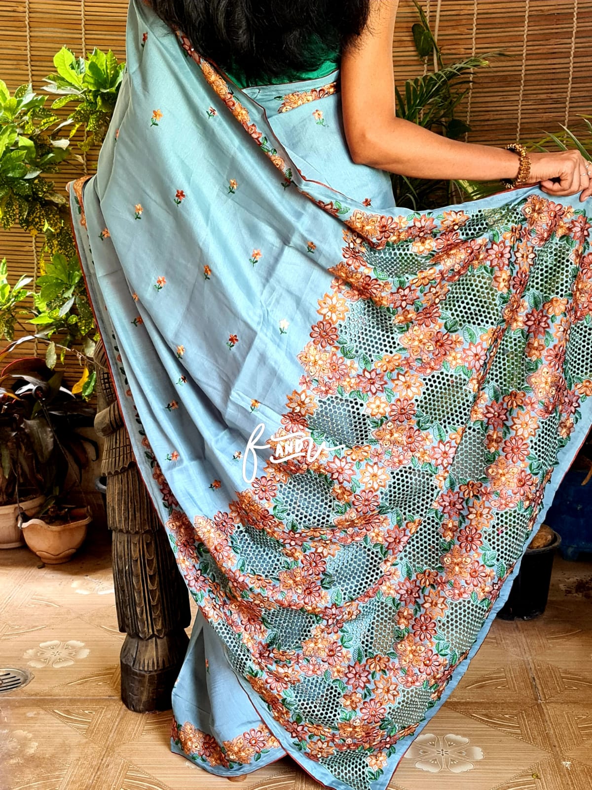 Floral soft tussar silk saree - Saffronfashionindia