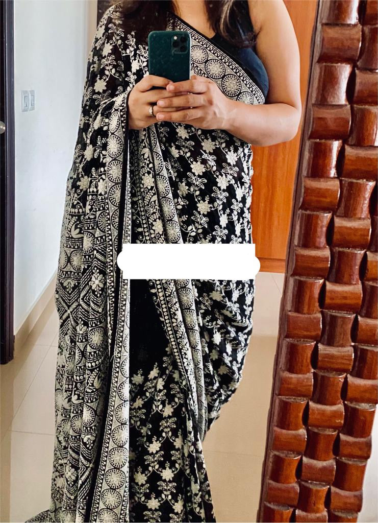 Black Chikankari saree - Saffronfashionindia
