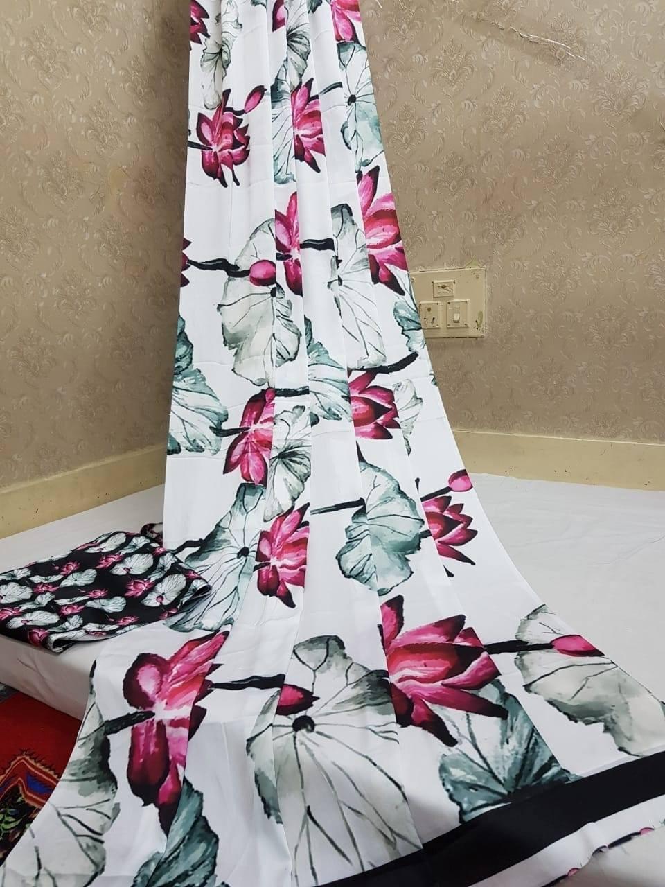 Satin floral saree/partywear sari - Saffronfashionindia