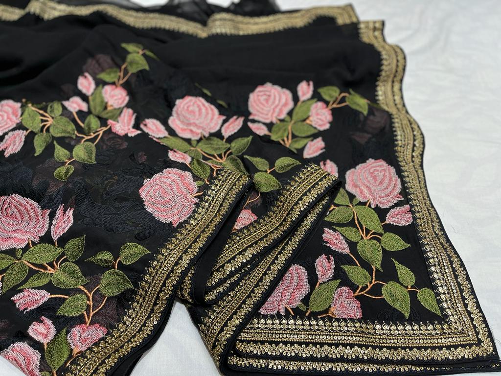 Embroidered floral saree,,,,beautiful sari - Saffronfashionindia