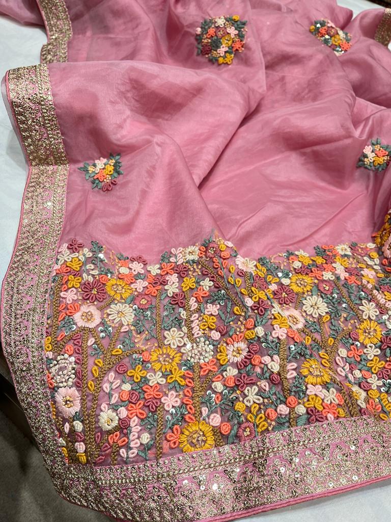 Benzie organza French knot saree - Saffronfashionindia