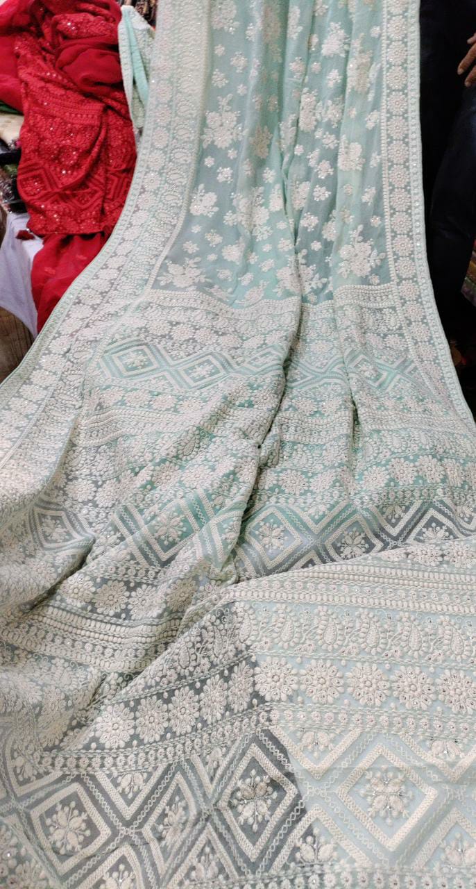 Chikankari gorgette global saree traditional sari Chikankari sari - Saffronfashionindia