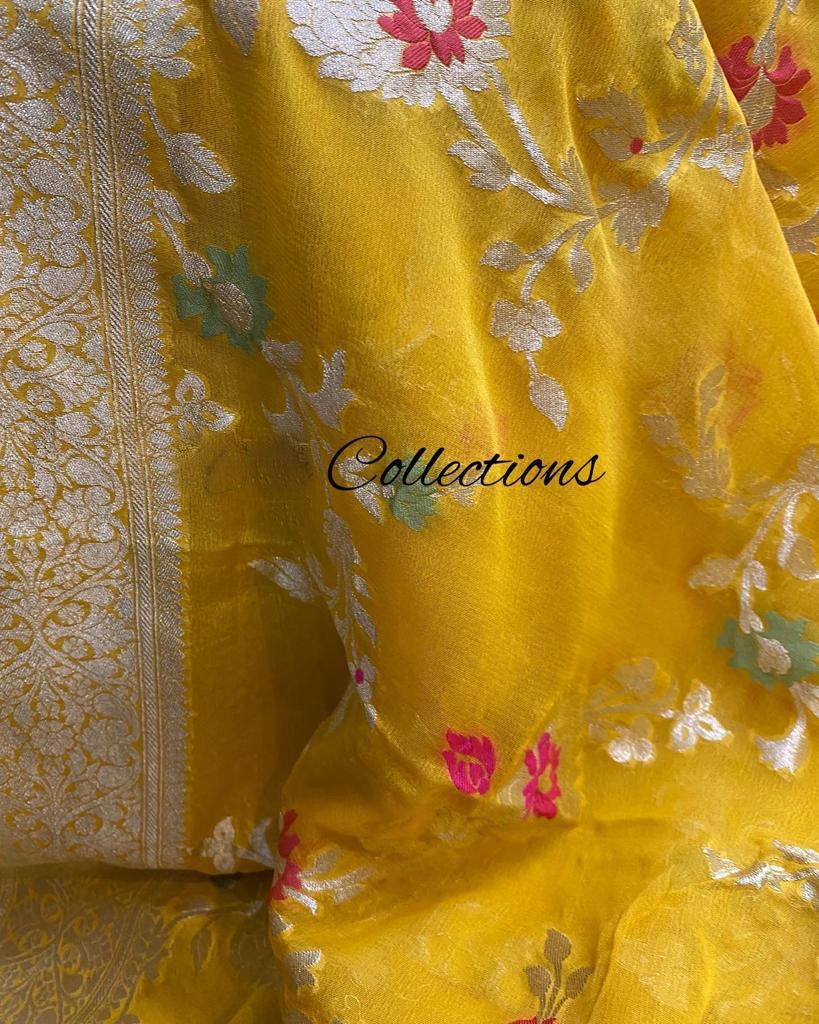Yellow floral gorgette saree - Saffronfashionindia