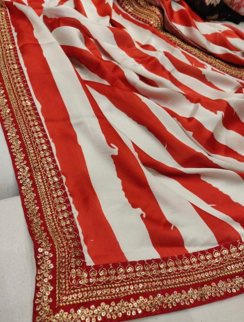 Striped satin saree - Saffronfashionindia