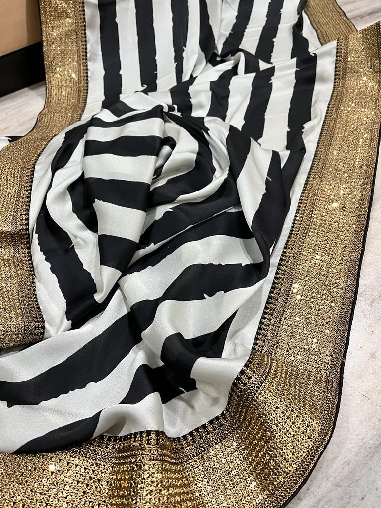 Satin striped saree - Saffronfashionindia