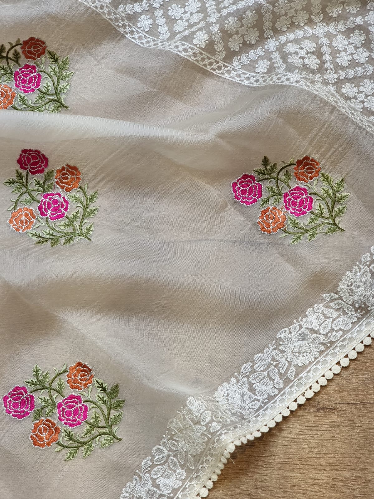 Crochet inspired organza embroidery saree - Saffronfashionindia