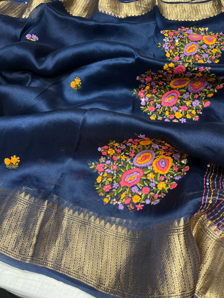 Kanchi organza Frenchknot saree - Saffronfashionindia